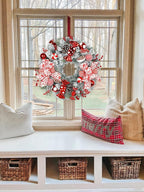 24" Artificial Christmas Wreath with Red Candy Accents, Double Ribbon Bows, Pine Cones & Ornaments, White Cedar Base for Christmas Thanksgiving Winter Holiday Front Door and Wall Decoration
