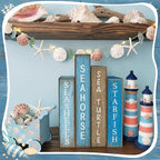 Lineshading 4 Pcs Summer Table Decoration Wooden Book Coastal Beach Decoration Blue and White Summer Tiered Tray Decor Wood Book Sign Farmhouse for Ocean Party Home Shelf Coffee Table