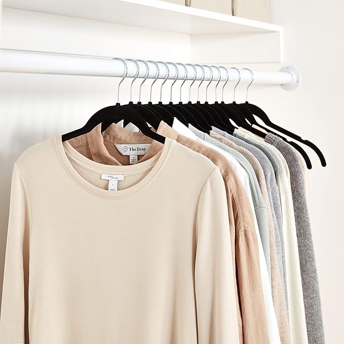 Amazon Basics Space-Saving Slim Velvet Non-Slip Clothes Hangers for Closet Organization with Shoulder Notches, Black/Silver, 30-Pack