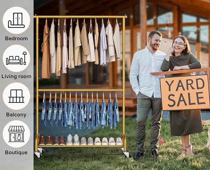 MISSLO Gold Clothing Racks for Hanging Clothes Heavy Duty Clothes Rack Double Garment Rack Metal Rolling Coat Rack Closet Wardrobe Rack on Wheels