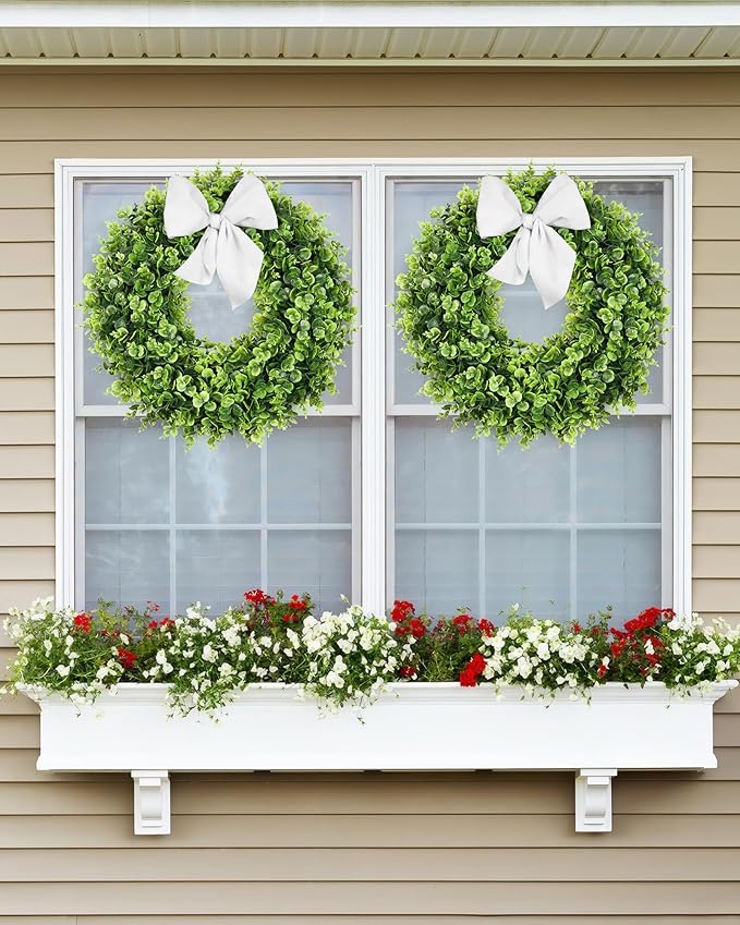 Vlorart 25" Faux Round Boxwood Wreath, Artificial Boxwood Wreath Front Door Wreaths Artificial Spring Summer Greenery Hanging with sash for Front Door Wall Hanging Window Wedding Decor
