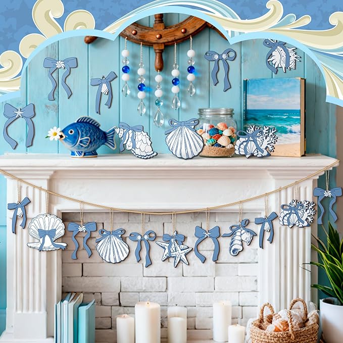 Suzile 36 Pcs Coastal Beach Wooden Ornaments Coquette Blue Bow Seashell Starfish Tree Decorations Ocean Nautical Wooden Cutouts with String Blue and White Summer Hanging Home Decorations for Party