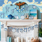 Suzile 36 Pcs Coastal Beach Wooden Ornaments Coquette Blue Bow Seashell Starfish Tree Decorations Ocean Nautical Wooden Cutouts with String Blue and White Summer Hanging Home Decorations for Party