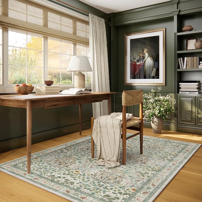 Vintage Washable Area Rug 4x6, Beige & Blue Low Pile Non-Slip Stain Resistant, Distressed Retro for Bedroom Under Bed, Living Room, Nursery, Kitchen & Entryway