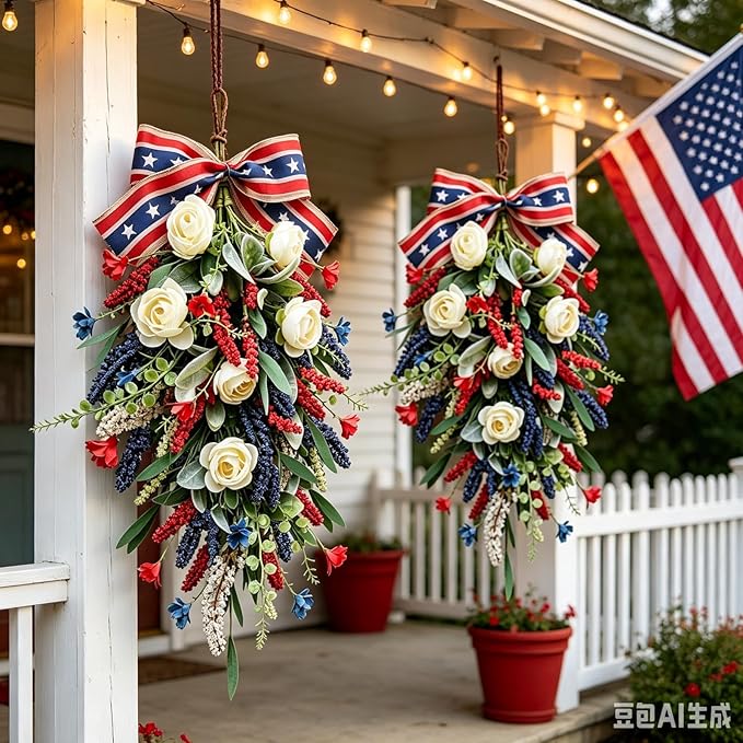 2 Pack 21'' Patriotic Teardrop Swag Wreaths for Cabinets Artificial 4th of July Swag Wreath with White Roses Red Blue Spike Flowers Eucalyptus Leaves for Independence Day Memorial Day Front Door Porch