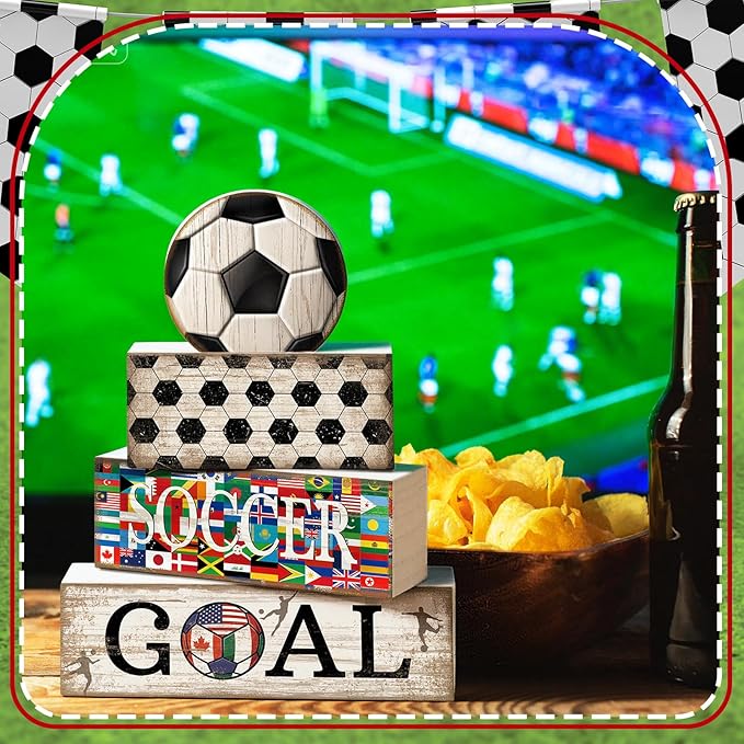 Moucuny 4 Pcs Soccer Table Decor Wooden Sport Tiered Tray Decor National Flags Table Centerpiece Decorative Classic Soccer Block Signs Gift Farmhouse Sports Decoration for Home Kitchen Shelf