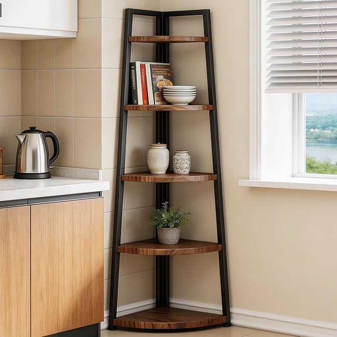 Soild Wood Corner Shelf, 5 Shelf Bookcase for Bathroom & Living Room, Tall Corner Bookshelf with Ladder Design, Space Saving Corner Bookcases (Brown)