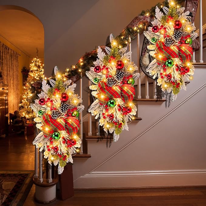 Lyrow 4 Pcs Cordless Prelit Christmas Artificial Swags 24" Xmas Stairway Swag Teardrop Trim Christmas Staircase Decoration Battery Operated Garland Indoor Outdoor Railing Decor(Classic Style)