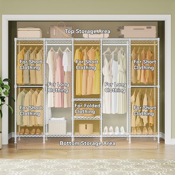 H5 Extra Large Heavy Duty Clothes Rack, Wire Garment Rack, Freestanding Clothing Rack for Hanging Clothes, Wardrobe Closet with Adjustable Shelf, 93.3" Wx15.7 Dx75.4 H, White, Load 1400 lbs