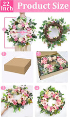 [Lighted & Timer] 22" Spring Summer Wreaths for Front Door Peony Wreath with Lights Pink Silk Flower Hydrangea Rose Green Leaves Floral Wreath for Home Wall Window Wedding Party Indoor Outdoor Decor