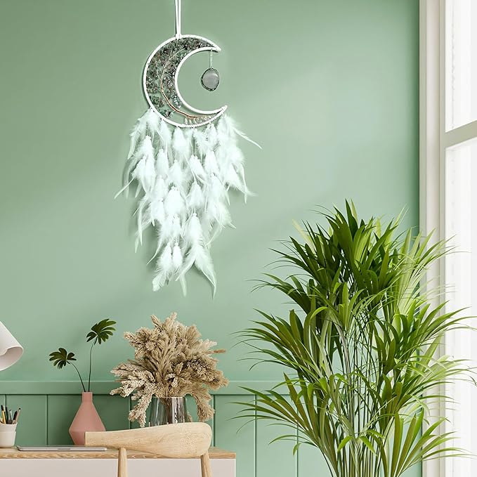 Moon Dream Catchers with Chakra Gemstone Agate Stone, Crystal Tree Life Dream Catchers Wall Hangings Room Decor (White)