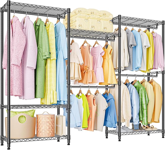 Heavy Duty Rolling Garment Rack 6 Tiers Adjustable Wire Shelving Clothes Rack with Rods Storage Closet Clothing Rack Black 15.7" D x 70.8" W x 76.5" H