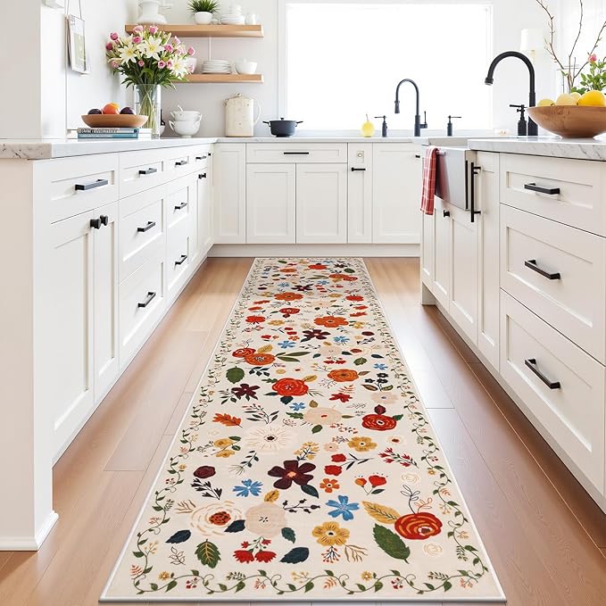 U'Artlines 2' x 10' Colorful Floral Runner Rug for Hallways Kitchen Rugs Soft Non Slip Washable Floor Carpet Runners for Entryway Laundry Room Bathroom Beige