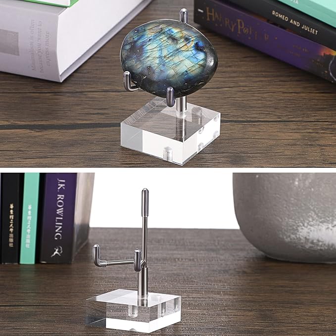 Hipiwe Adjustable Metal Arms Display Stand Easel with Acrylic Base Small Display Easel Holder for Fossil Coral Geodes Rock Mineral Agate Crystals Seashell and Small Collectibles, 1.6x1.6x3.1 inch
