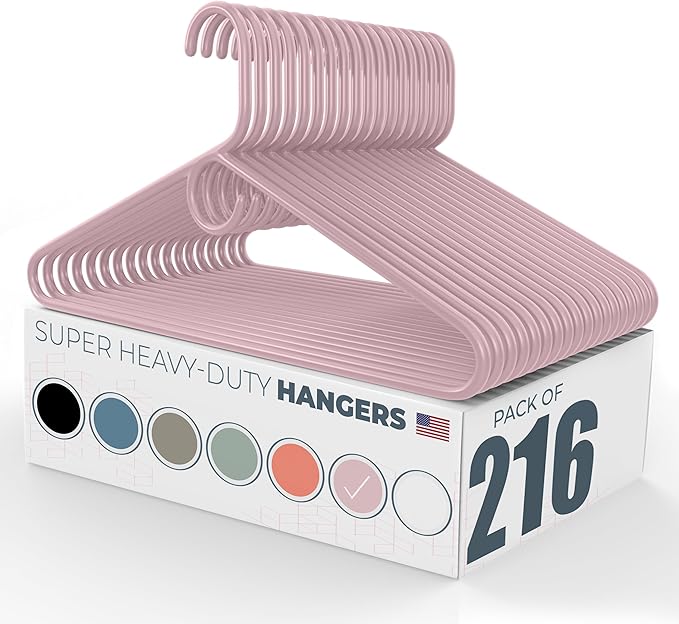 Neaties Super Heavy Duty Clothes Hangers 100+ Pack (216 Count) – Made in the USA - 10lb Capacity, Thick Plastic Hangers for Pants, Coats, Jackets, Jeans and Adult Clothing – Pink