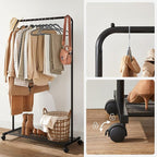 SONGMICS Clothes Rack with Wheels, Clothing Rack for Hanging Clothes, 25.4 mm Metal Garment Rack with Dense Mesh Storage Shelf, 110 lb Load Capacity, 2 Brakes, Black UHSR25BK
