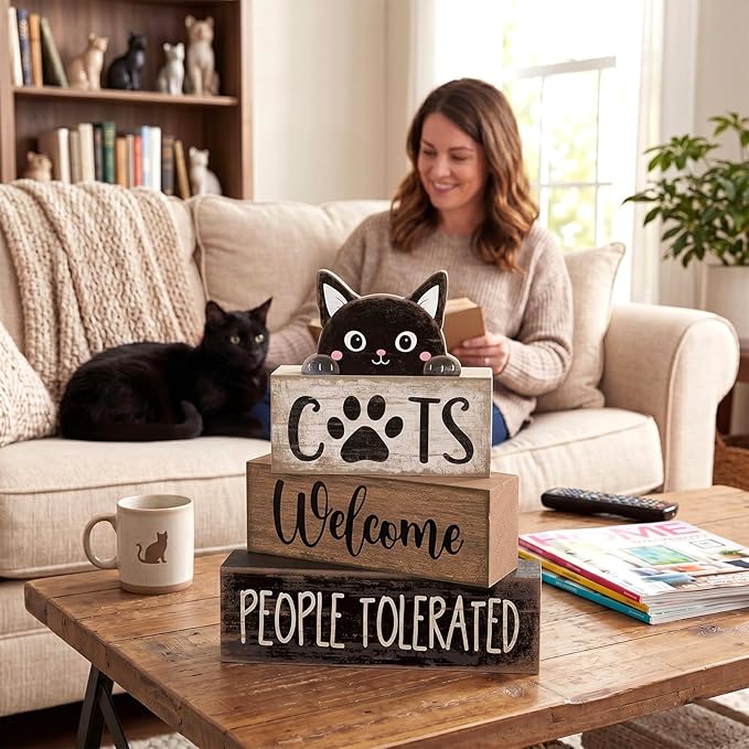 Lineshading 4 Pcs Farmhouse Table Decor Vintage Wooden Black Cat Stacked Sign - "Cats Welcome, People Tolerated" Funny Rustic Tiered Tray Decor for Animal Lovers, Home, Room, Cat Cafe Decorations