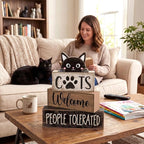 Lineshading 4 Pcs Farmhouse Table Decor Vintage Wooden Black Cat Stacked Sign - "Cats Welcome, People Tolerated" Funny Rustic Tiered Tray Decor for Animal Lovers, Home, Room, Cat Cafe Decorations