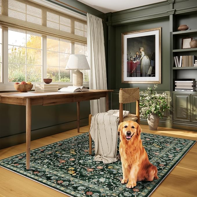 Vintage Botanical Dark Green Area Rug 4x6 Elegant Floral Pattern, Durable Stain-Resistant Fabric, Perfect for Living Room, Bedroom, Dining Room Decor