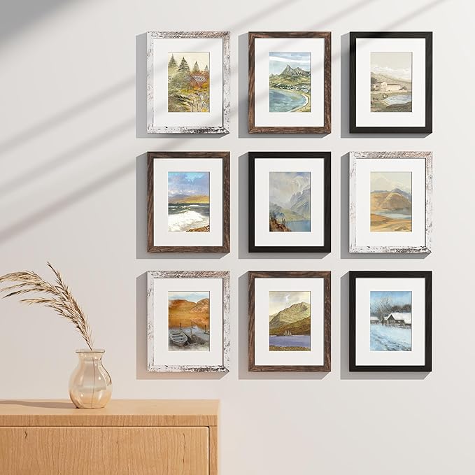 Vittanly 8x10 Picture Frames Set of 9, Display 5x7 Pictures with Mat or 8x10 without Mat, Photo Frames for Wall or Tabletop with Plexiglass, Engineered Wood, Black&Brown&Distressed White