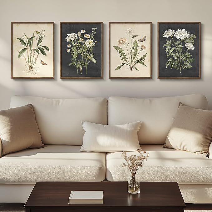 Framed Botanical Wall Art for Living Room, 4 Piece Rustic Floral Canvas Paintings Prints, Vintage Flower Pictures for Farmhouse Dining Room Hallway Bedroom Kitchen Bathroom Wall Decor, 12x16 Inch