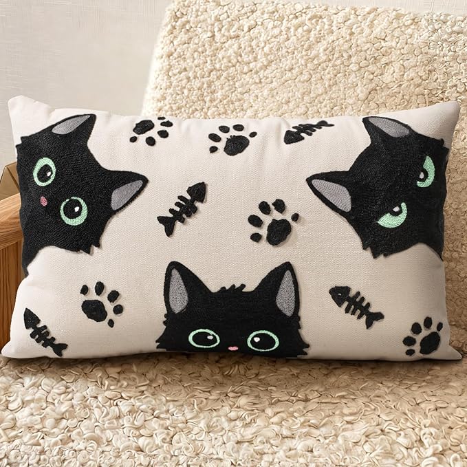 Embroidered Lumbar Pillow Cover 20x12 Inch - Spring Summer Boho Decorative Pillow Cover with Zipper for Living Room Couch Sofa Bed Aesthetic Design Cat Bone Cushion Pillowcase