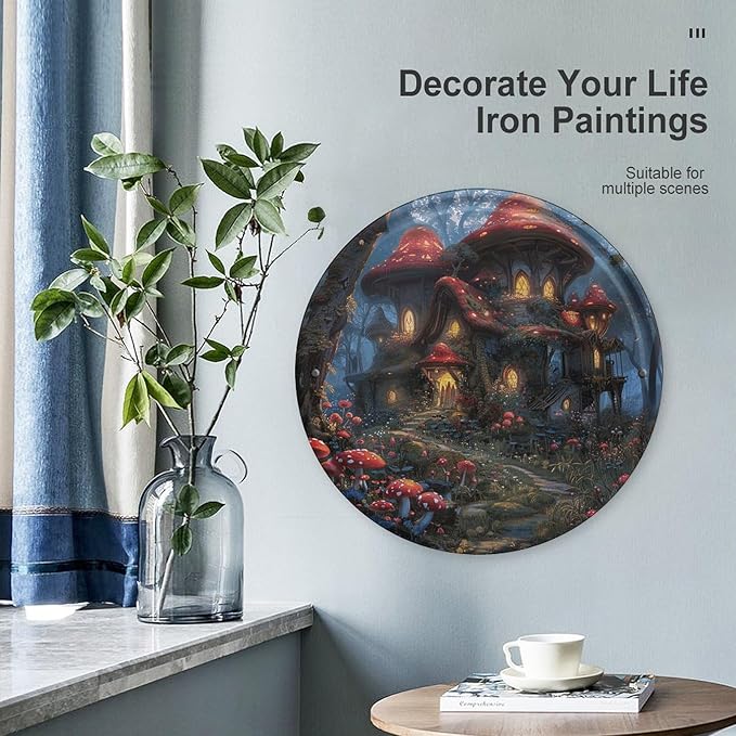 Wall Picture, with Mushrooms and Flowers Printed Circular Iron Hanging Picture,Wall Art Decor,Home for Bedroom Living Room Bathroom Decor,Iron Painting 11.8X11.8 in