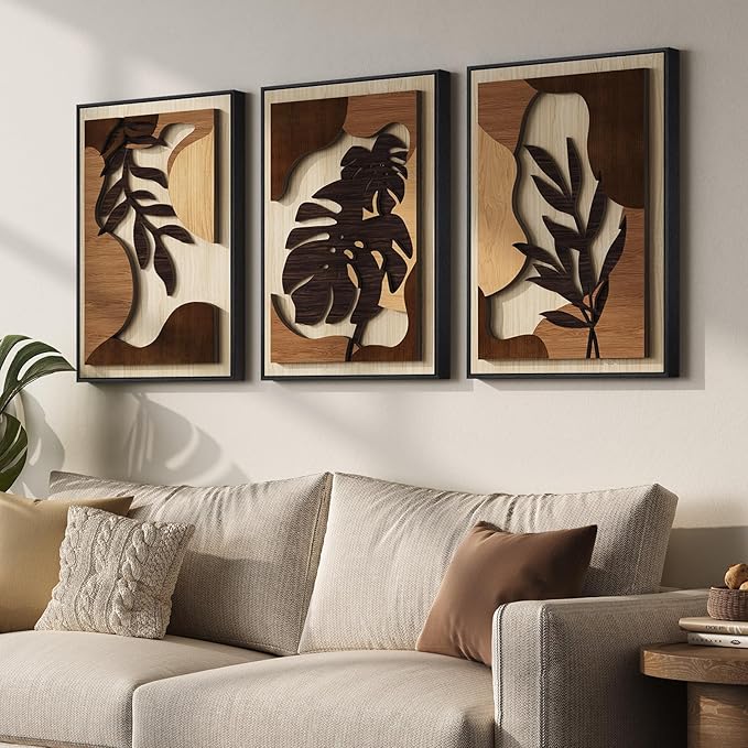 Framed Wood 3D Boho Textured Wall Art Bedroom, 3 Piece Tropical Botanical Carved Wooden Artwork for Walls, Brown Monstera Leaf Wood Wall Art Decor for Living Room Dining Room Home Office, 16x24 Inch