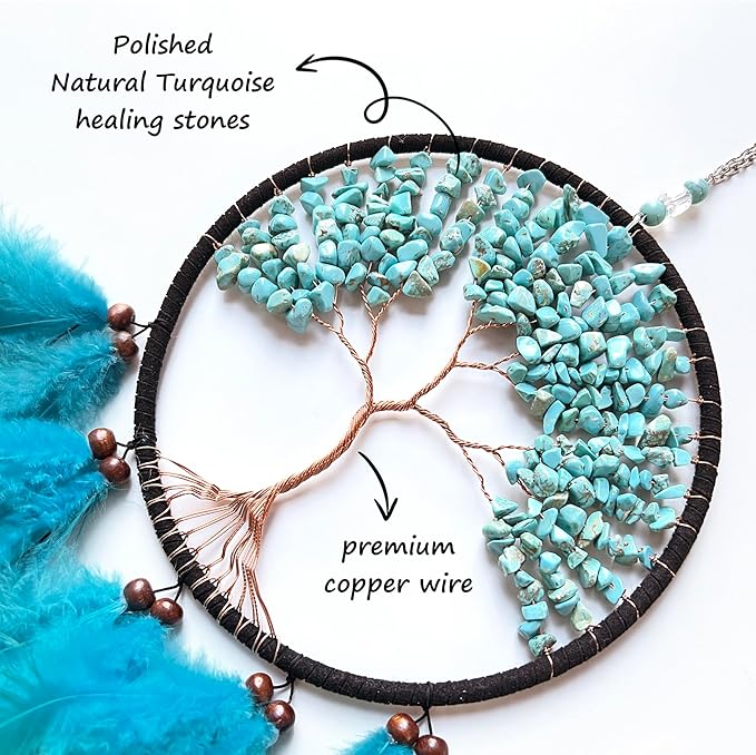 Dream Catchers, Dream Catcher Tree of Life Wall Decor, with Natural Healing Crystal Stone, Perfect Turquoise Handmade Dreamlike Dream Catcher for Bedroom Art Craft Gift
