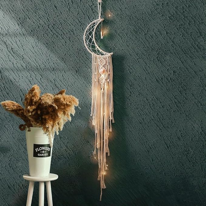 Dream Catcher with LED String Lights Handmade Boho Macrame Wall Hanging Photo Display Woven Decoration Ornament with Photo Clips for Room Wedding Home Decor (Moon)