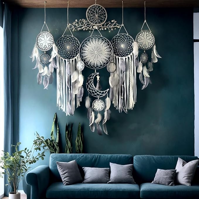 5 Pack Bohemian Ornaments,Dreamcatcher Gift Boho Native American Decor, Handmade Dreamcatcher for Girls, Boys, Adults, Kids Room,Witchy Gifts (Gray)