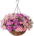 Artificial Flower in Hanging Basket Outdoor Indoor Decoration,Coconut Lining Flowerpot with Faux Plant,Daisy with Eucalyptus Leaves Arrangement for Home Spring Summer Decor(Pink White Purple)
