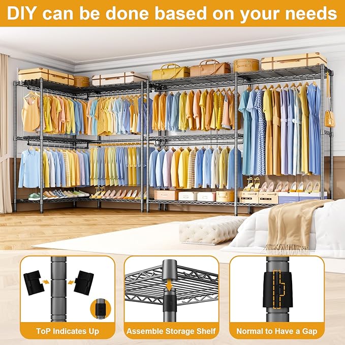 E15 Pro Garment Rack L Shaped Clothes Rack for Corner，Freestanding Clothing Racks for Hanging Clothes，Heavy Duty Closet System with 4 Hanging Rods & 8 S Hooks，48.8"W x 15.8"D x 78.4"H，Grey