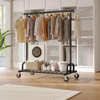 Raybee Clothes Rack Heavy Duty Load 530 LBS, Clothing Racks for Hanging Clothes, Rolling Clothing Rack, Extendable Adjustable Portable Clothes Rack, Metal Garment Rack, Black