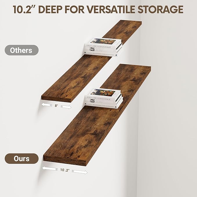 Vivelove 10 Inch Deep Floating Shelves 55 inch Long, 55 x 10 Wide Wall Shelves with Invisible Brackets, for Bedroom Bathroom Living Room Kitchen Office, Farmhouse Home Decor, Set of 2, Rustic Brown