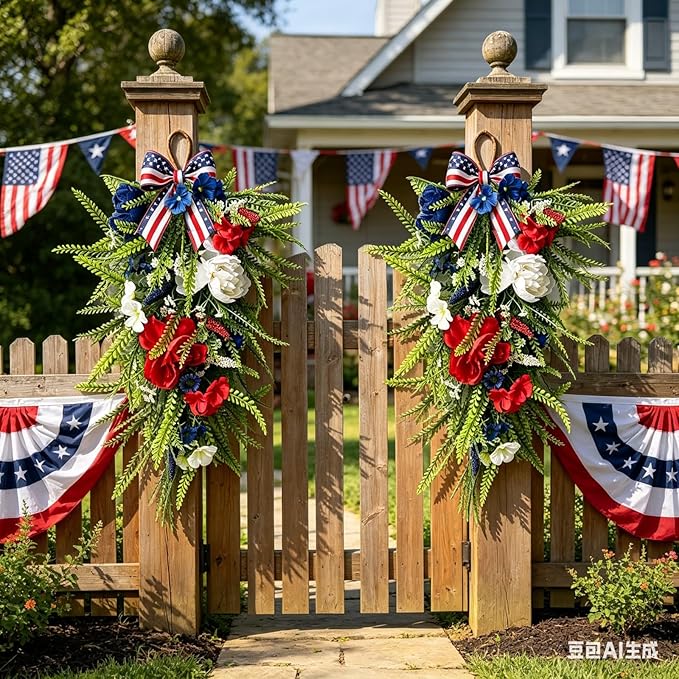 2 Pack 21'' Patriotic Teardrop Swag Wreaths Artificial 4th of July Red White Blue Floral Swag with Fern Leaves Peonies Roses for Independence Day Memorial Day Front Door Porch Cabinet Window Wall