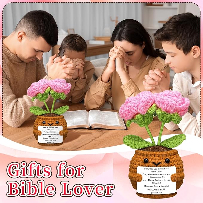 Wavwavw Christian Gift for Women Positive Handmade Crochet Doll with Bible Verse Prayer Card Inspirational Scripture Religious Crochet for Christmas Sunday Group Church(Rose Flower)