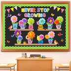 73 Pcs Spring Bulletin Board Decoration Set with 3D Paper Flower Never Stop Growing Classroom Decor Inspirational Bulletin Board Decoration for Spring Theme School Home Chalkboard Wall Decor