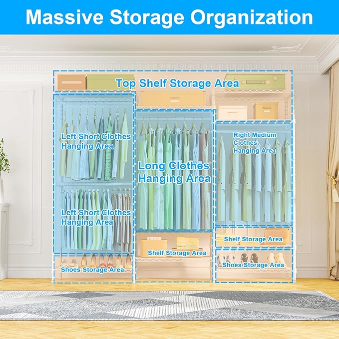Ulif E13C Heavy Duty Closet Organizer System，Freestanding Clothing Racks for Hanging Clothes，Adjustable Garment Rack 63" W x 16" D x 77" H Hold 960 lbs，White Clothing Rack with White Dustproof Cover