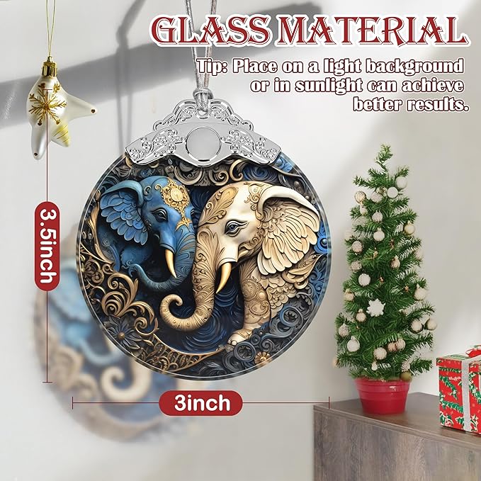 Elephant Christmas Ornament - Stained Glass Hanging Decoration for Holiday Tree, Home Decor - Gift Exchange Idea