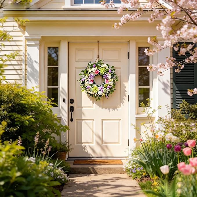 24 Inch Spring Wreath for Front Door, Artificial Spring Summer Floral Wreath with Dahlia Hydrangea Orchid for Home Wall Wedding Festival Indoor Outdoor Decor