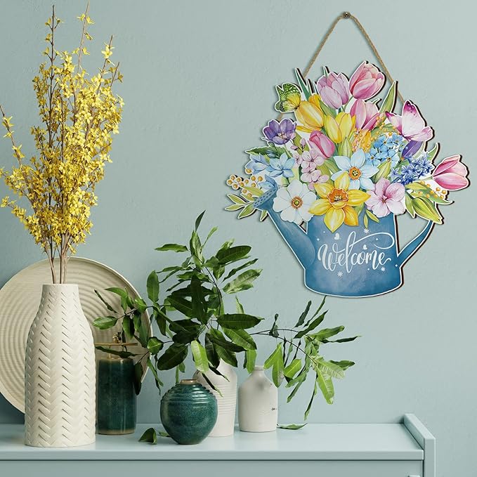 Juexica Spring Decorations for Home Spring Wreaths for Front Door Welcome Sign Flowers Door Hanger Decorations Rustic Flower Wall Decor Easter Party Outdoor Indoor Home Decor