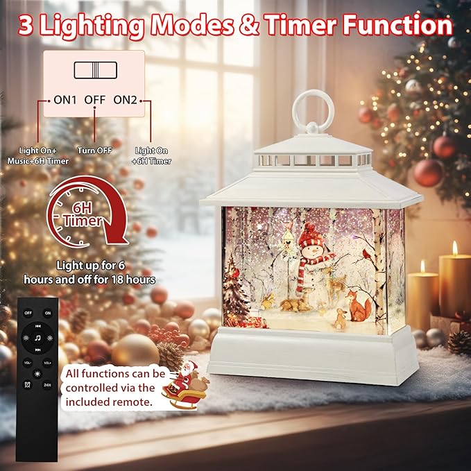 Christmas Snow Globe Lantern Water Glittering Lantern with 8 Songs & 6H Timer Romote Control Christmas Snow Globes USB & Battery Operated for Christmas Festival Decorations Gifts (Snowman)