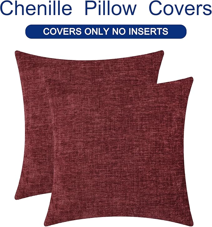 CaliTime Christmas Throw Pillow Covers Decorative 20 X 20 Inches Pack of 2 Cozy Chenille Cushion Cases for Couch Sofa Bed Living Room Home Burgundy