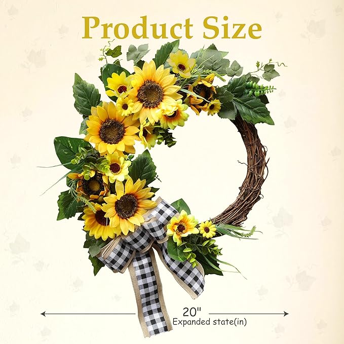 20 Inch Sunflower Spring Summer Wreath for Front Door, Artificial Sunflower Wreath with Green Leaves, Modern Farmhouse Wall Wedding Home Indoor Outdoor Decor