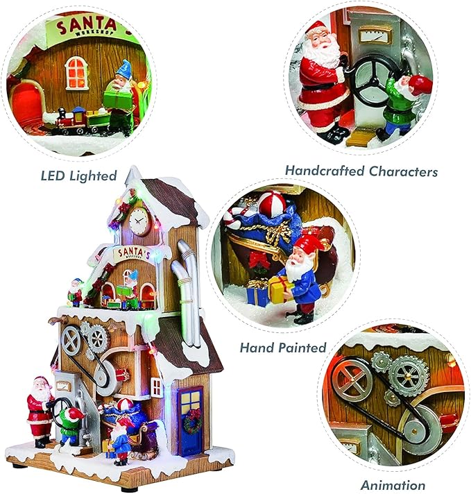 Santa’s Workshop Animated Christmas Village Moments in Time LED Lights, Music & Moving Scene Hand-Painted Polyresin Holiday Building with Adapter Christmas Home Décor Collectible