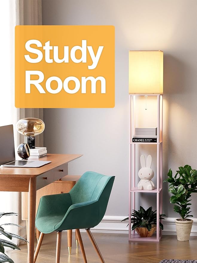 Pink Floor Lamp with Shelves for Living Room, Shelf Floor Lamp with 3 CCT LED Bulb, Corner Display Standing Column Lamp Etagere Organizer Tower Nightstand with White Linen Shade for Bedroom, Office