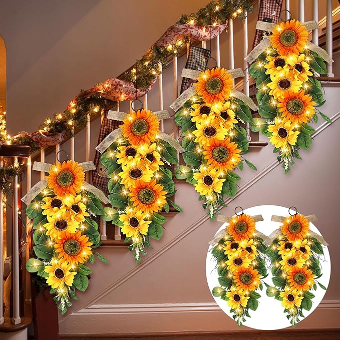 Lyrow 4 Pcs Cordless Prelit Christmas Sunflower Artificial Swags 24" Stairway Teardrop Trim Swag with Timer Christmas Staircase Decoration Battery Operated Garland for Indoor Outdoor Railing Decor
