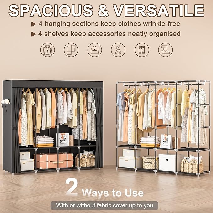 Wardrobe Closet, 66 Inch Portable Closet for Hanging Clothes, Large Capacity Clothes Rack Organizer with Cover & 4 Hanging Rods & 8 Storage Shelves & 2 Side Pockets (Black)