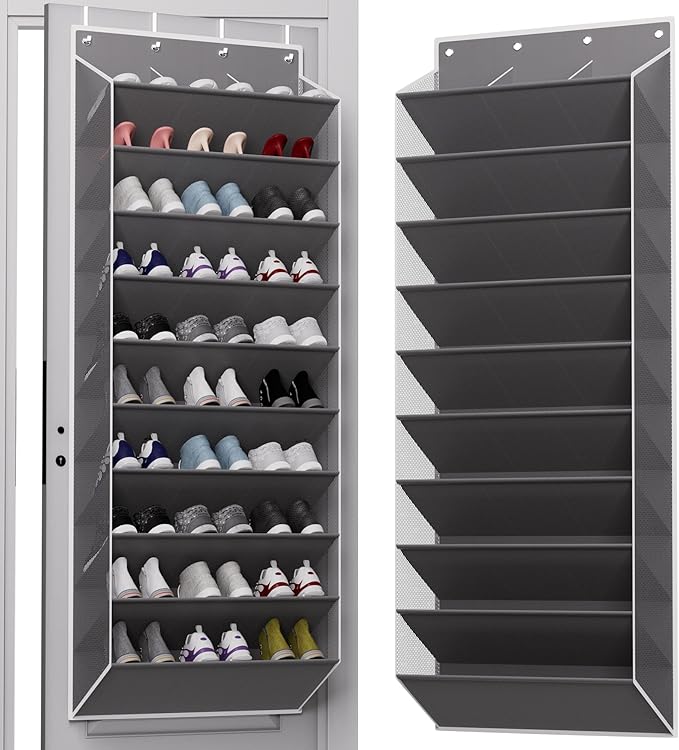 30 Pairs Over The Door Shoe Organizer, 10-Tier Hanging Shoe Rack with Deep Pocket for Closet, Extra Large Shoe Storage Holder for Sneakers, Boots, Heels(Grey)